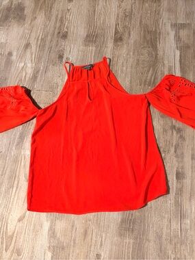 Market & Spruce Bright Red Orange Cold-Shoulder Blouse with Eyelet Sleeves